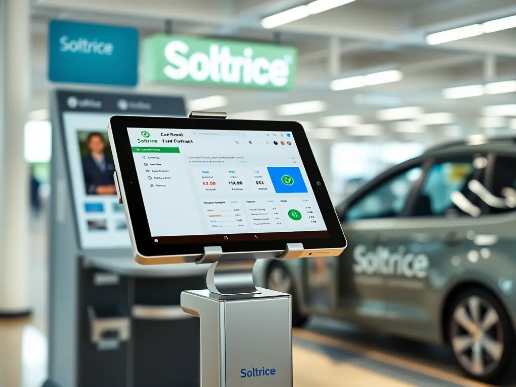 A modern car rental kiosk with a tablet displaying Soltrice's fraud scoring interface, highlighting its application in preventing fraudulent car rentals.