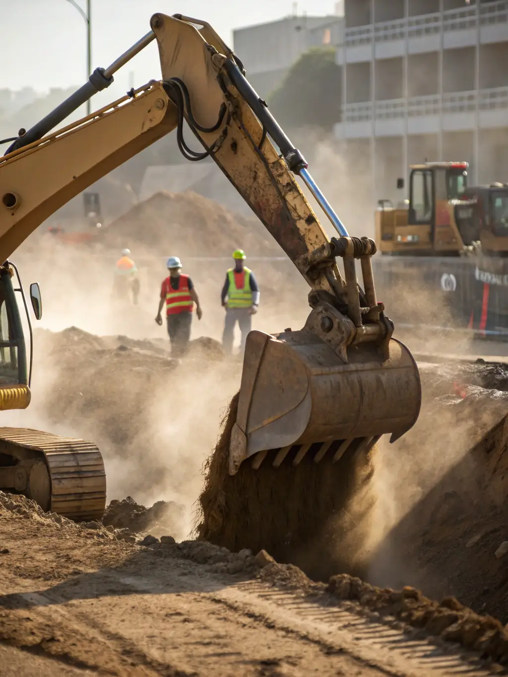 Heavy equipment at a construction site, illustrating Soltrice's use in equipment rental fraud prevention.