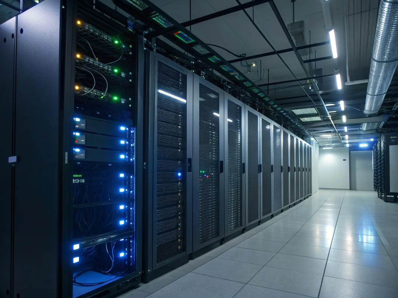 A detailed close-up shot of a server rack with blinking lights, symbolizing the AI engine processing data in real-time. The focus is on the complexity and power of the AI.