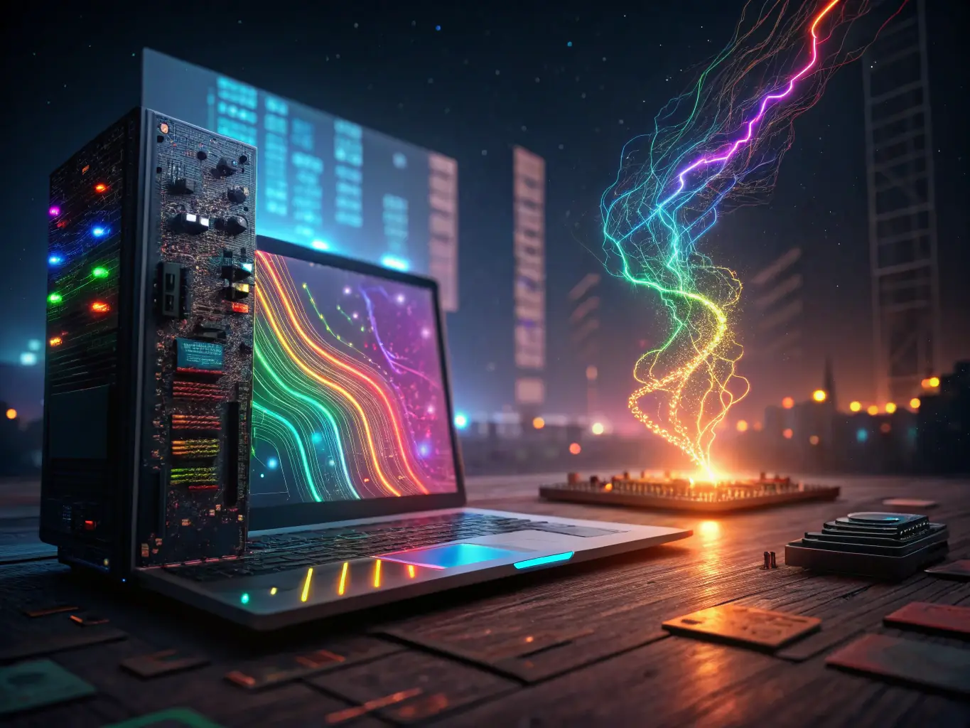 A detailed diagram illustrating Soltrice's AI engine, highlighting its machine learning algorithms and data processing capabilities, set against a background of complex code.