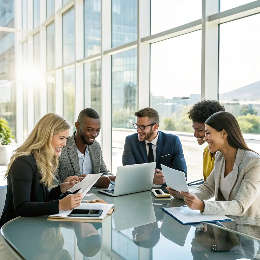 A depiction of Soltrice's founding year, showing early team members brainstorming in a small office.